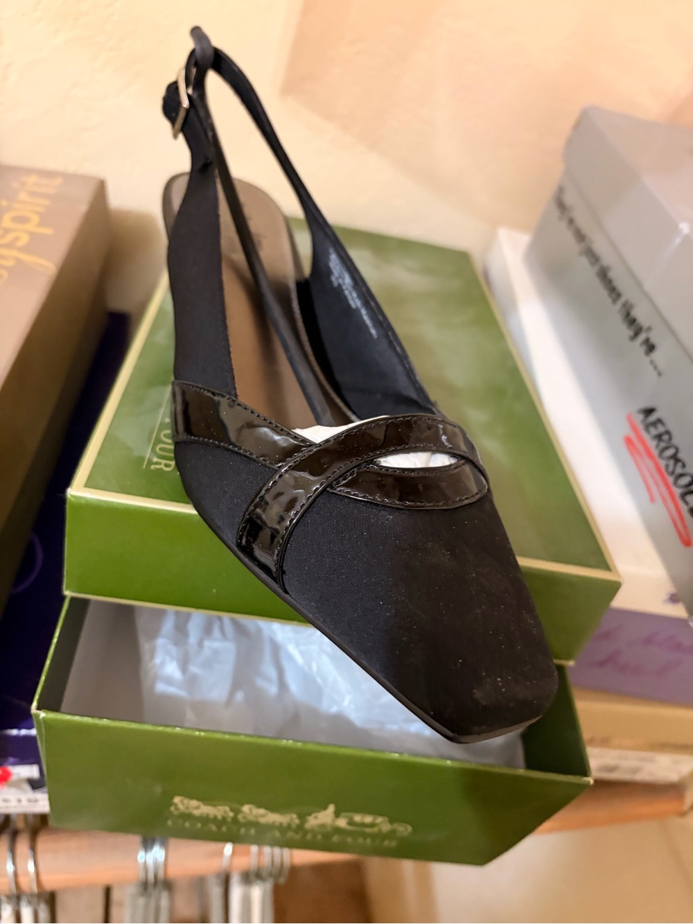 Coach and Four Black Slingback Square-Toe Mule with Patent Crossover